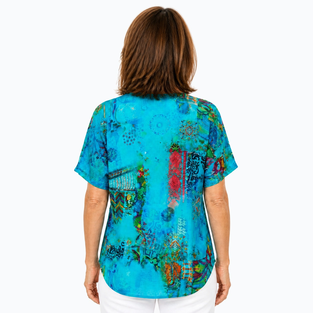 Woman wearing the Claire Powell Paradise V-Neck T-Shirt, back view