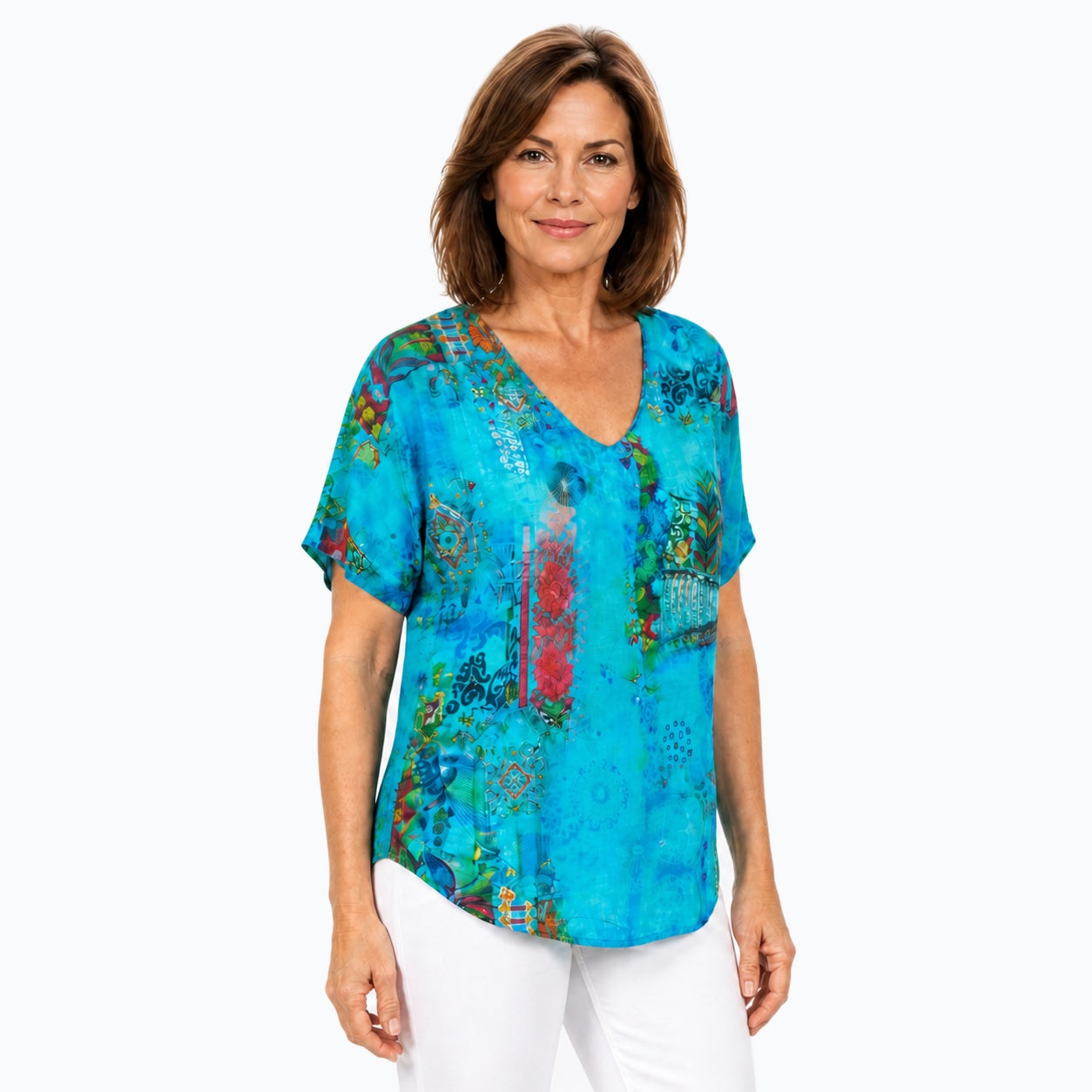 Woman wearing the Claire Powell Paradise V-Neck T-Shirt, three-quarter view