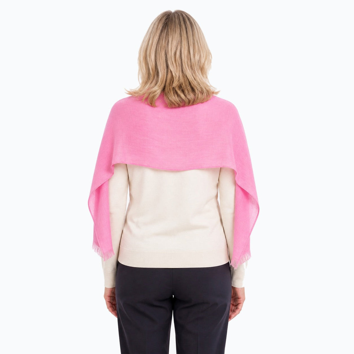 Woman wearing the Claire Powell Pink Silk Wool Scarf, back view