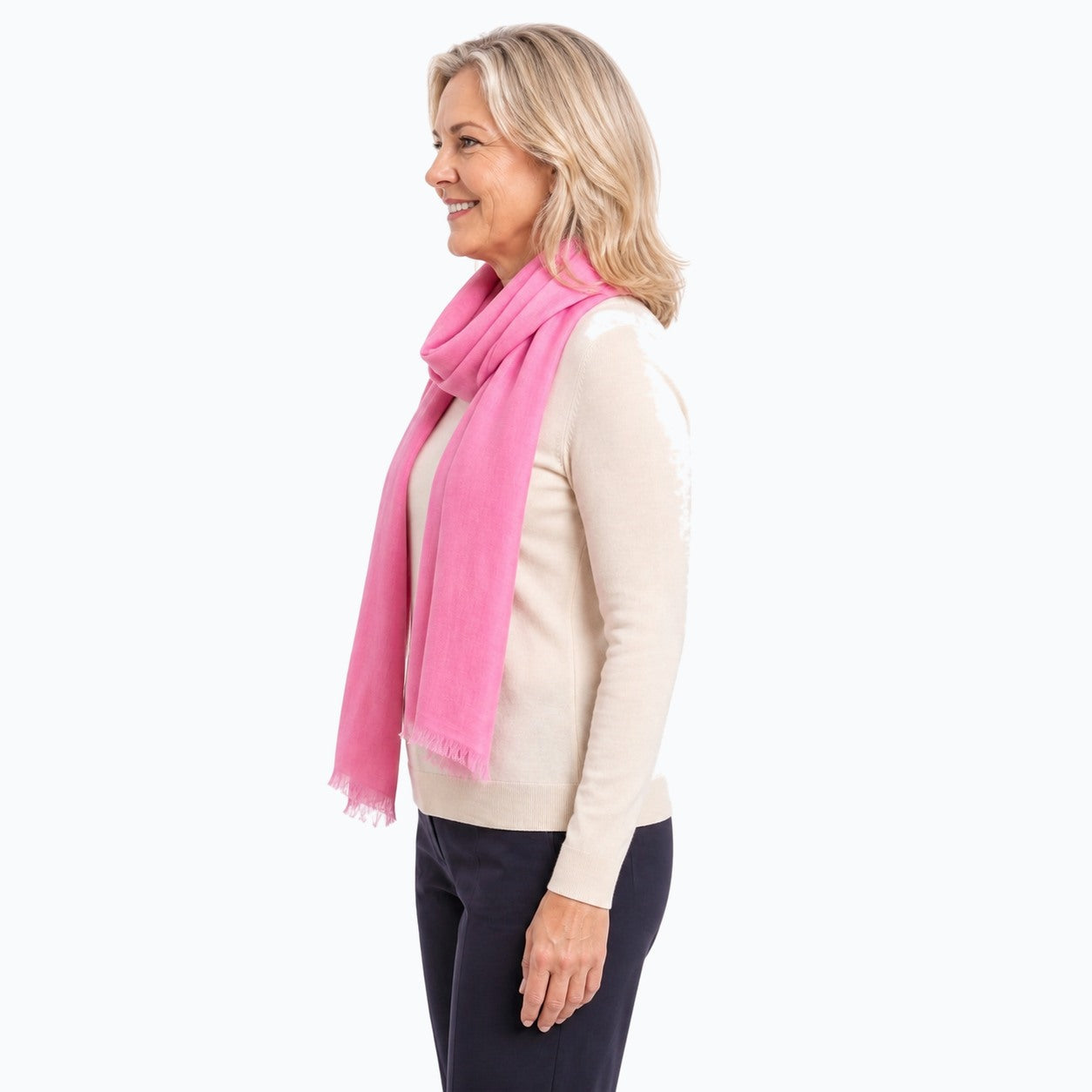 Woman wearing the Claire Powell Pink Silk Wool Scarf, side view