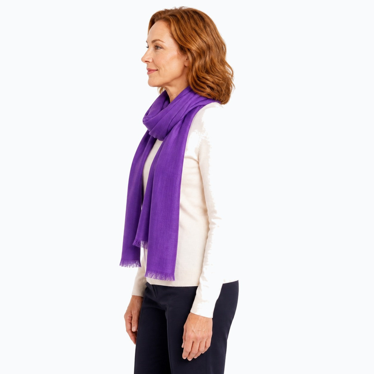 Woman wearing the Claire Powell Plum Silk Wool Scarf, side view