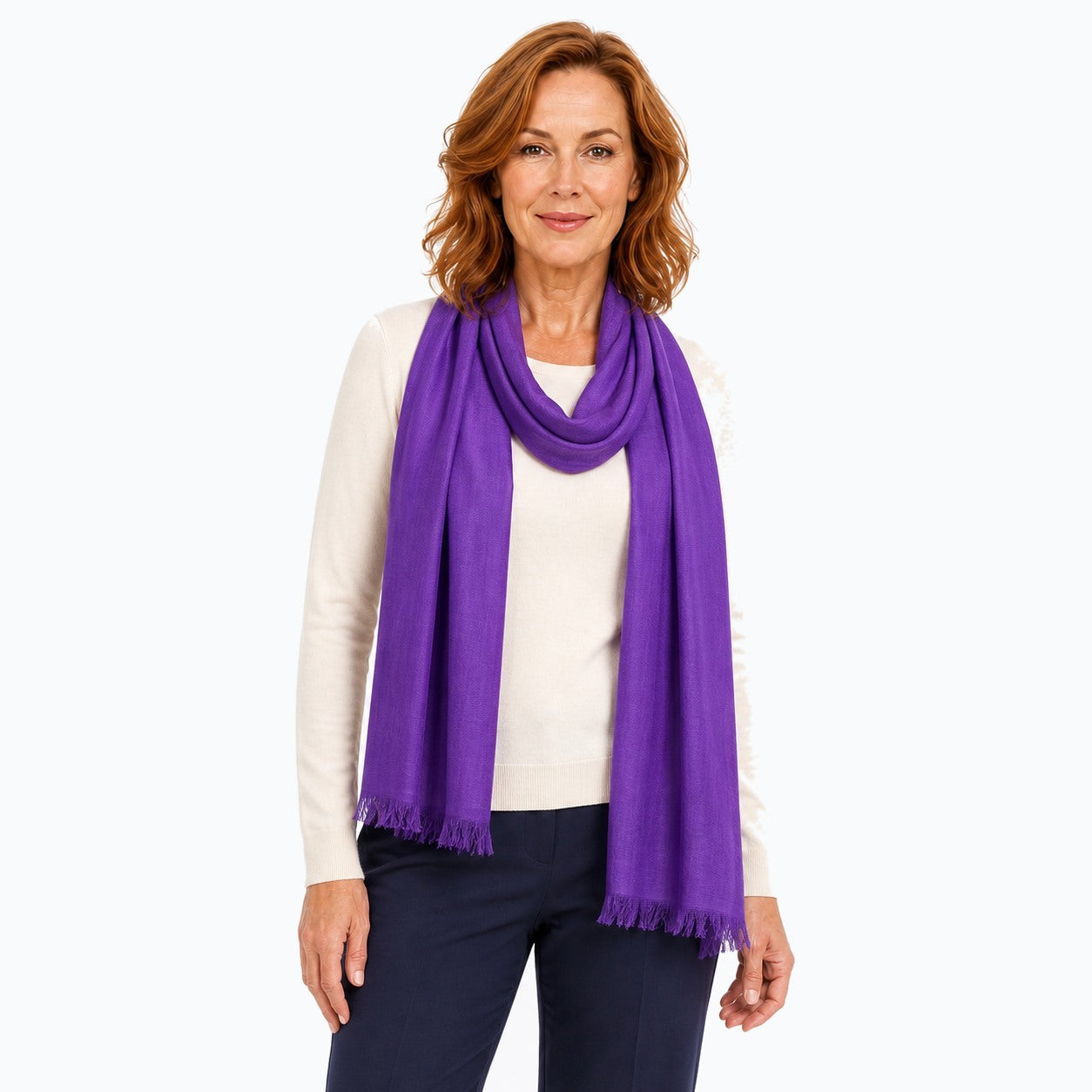 Woman wearing the Claire Powell Plum Silk Wool Scarf, three-quarter view