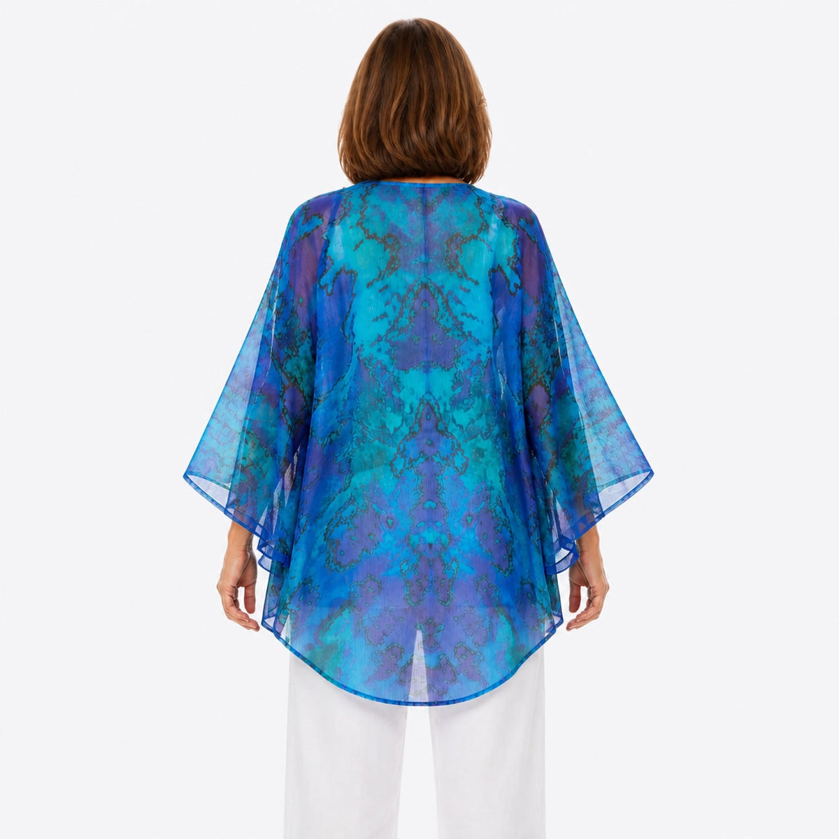 Woman wearing the Claire Powell Reef Cotton Chiffon Kimono Cover-Up, back view