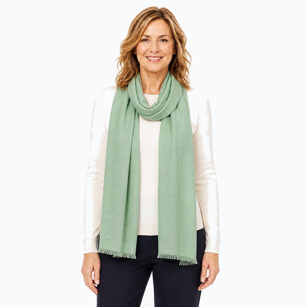 Woman wearing the Claire Powell Sage Silk Wool Scarf, front view