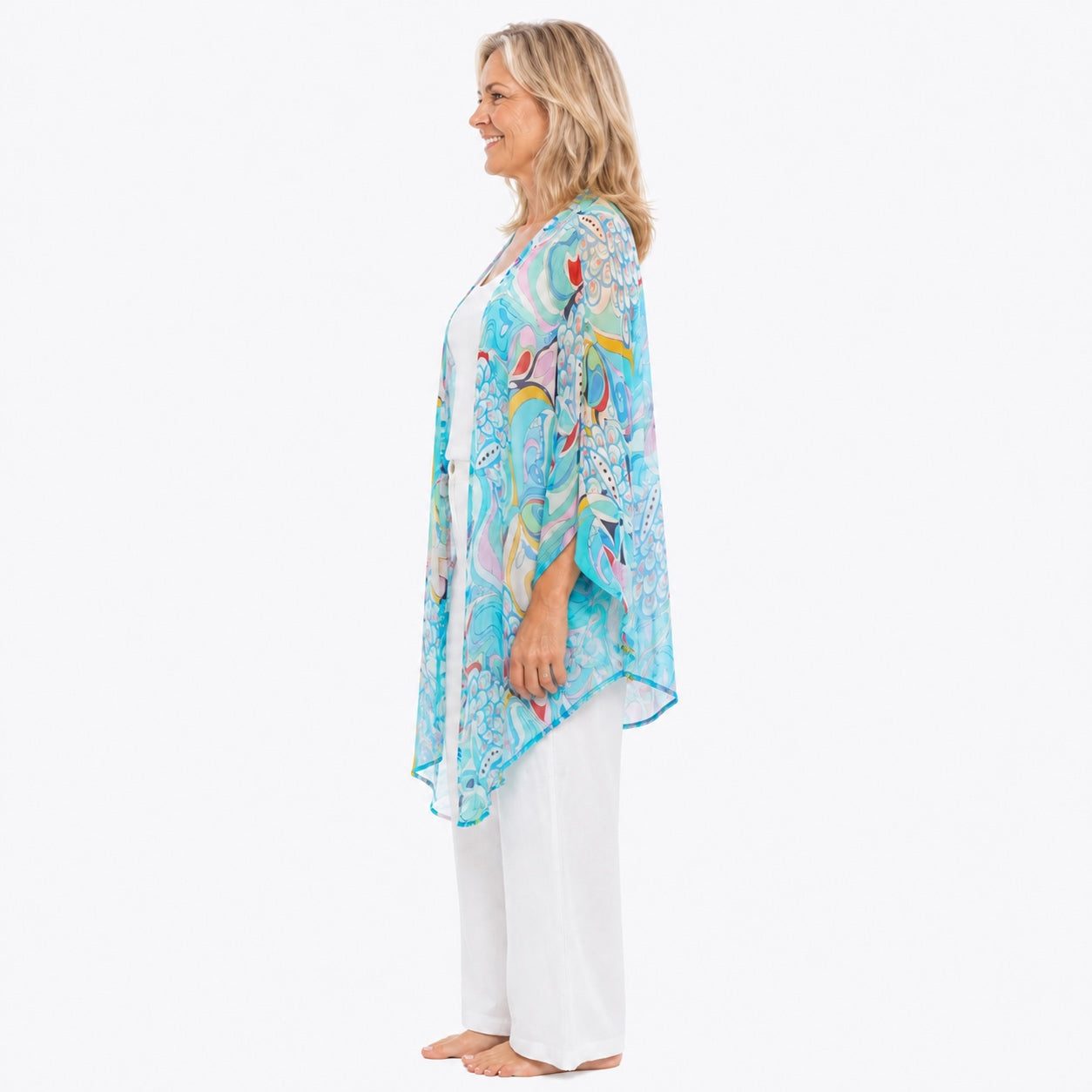 Woman wearing the Claire Powell Sakura Cotton Chiffon Kimono Cover-Up, side view