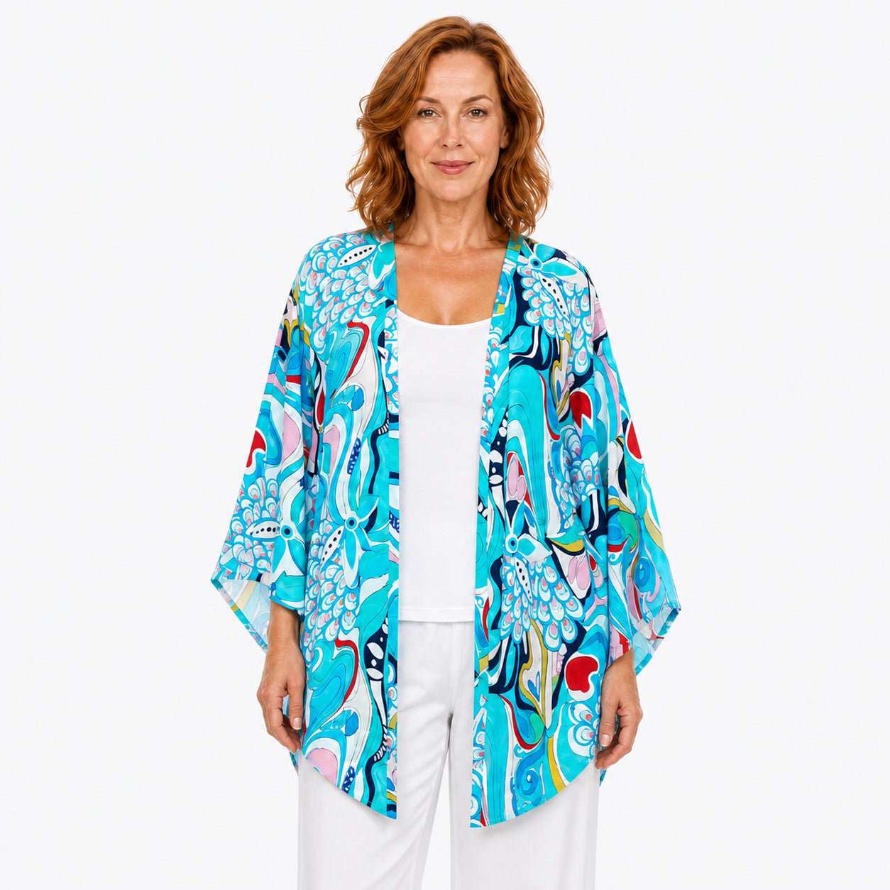 Woman wearing the Claire Powell Sakura Modal Kimono Cover-Up, front view