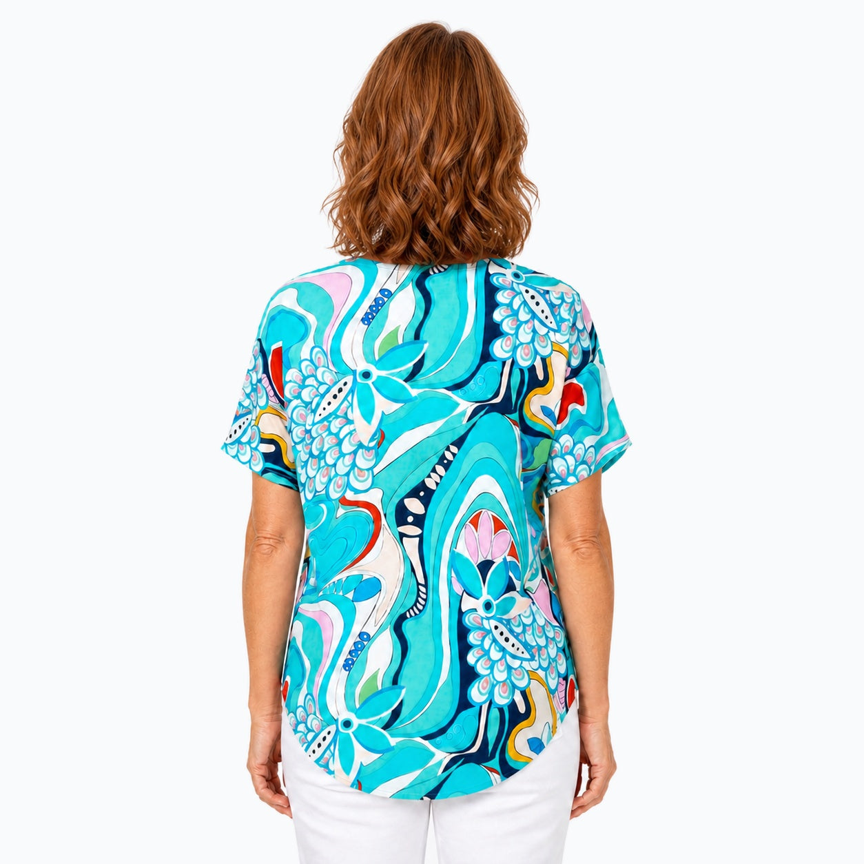 Woman wearing the Claire Powell Sakura V-Neck T-Shirt, back view