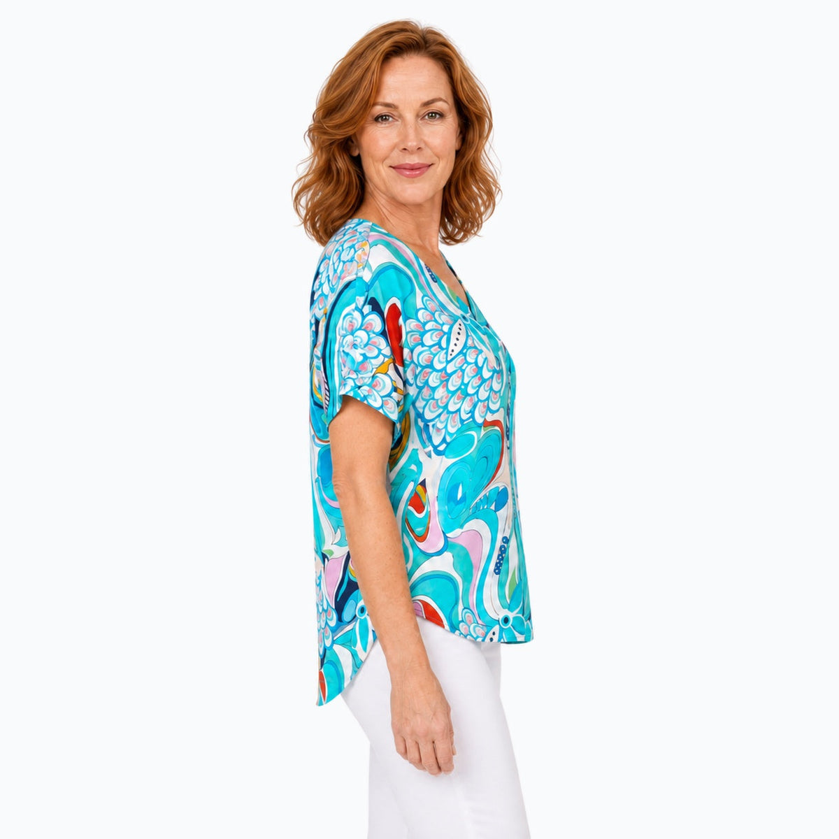 Woman wearing the Claire Powell Sakura V-Neck T-Shirt, side view