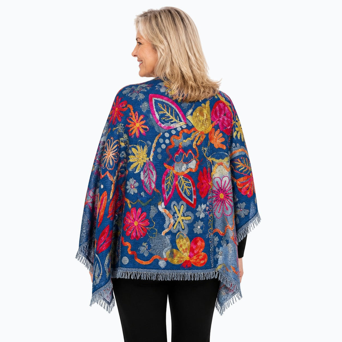 Woman wearing the Claire Powell Sapphire Wool Shawl, back view