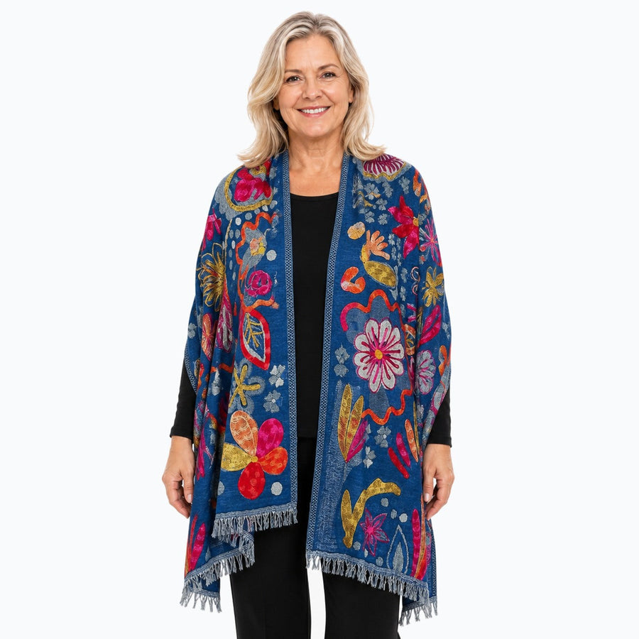 Woman wearing the Claire Powell Sapphire Wool Shawl, front view