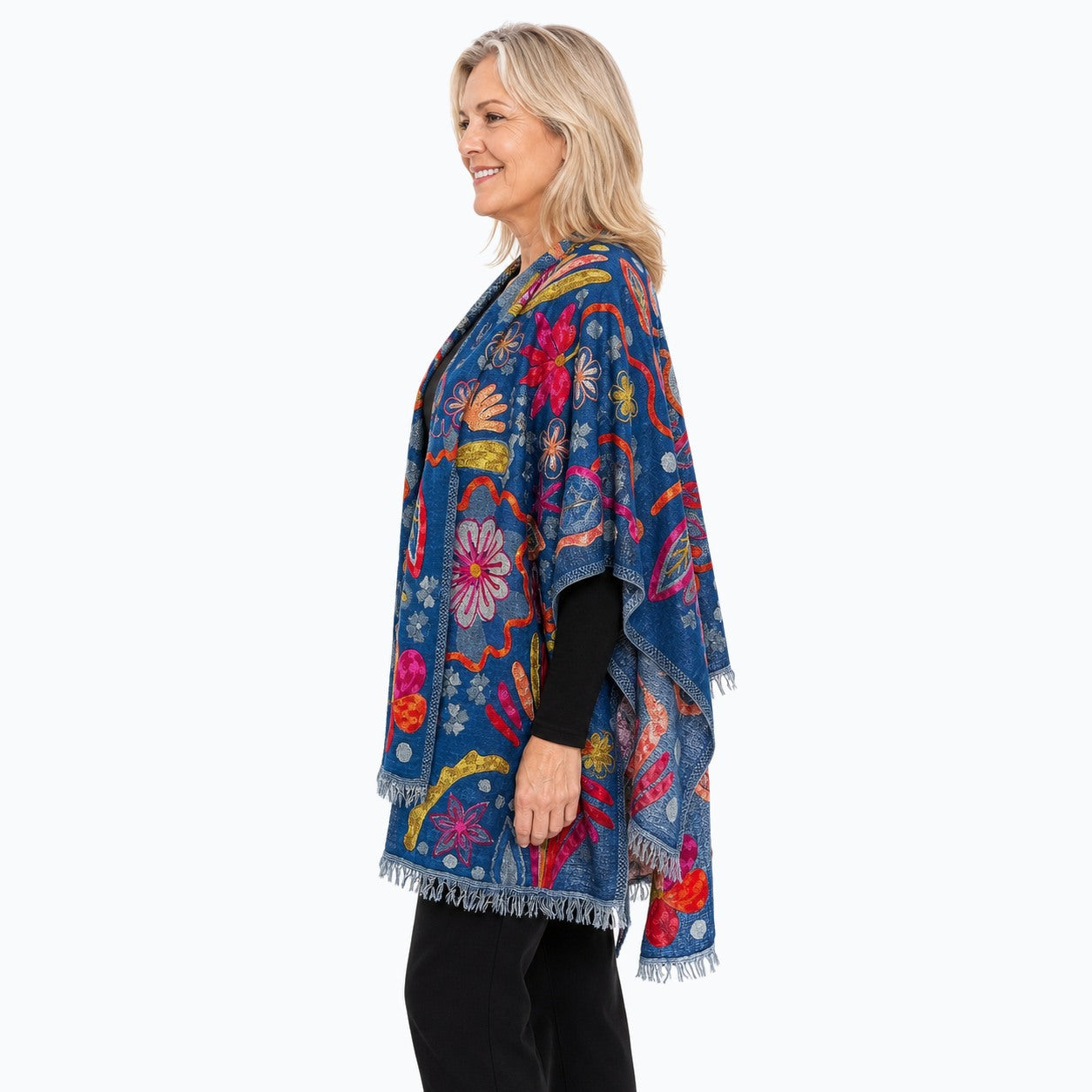 Woman wearing the Claire Powell Sapphire Wool Shawl, side view