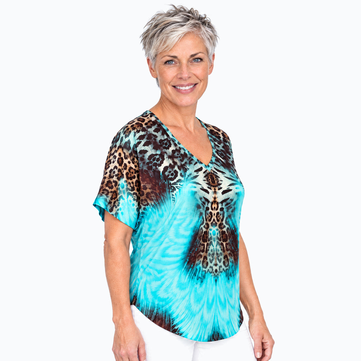 Claire Powell Savage V-neck t-shirt on a mature woman, three-quarter view