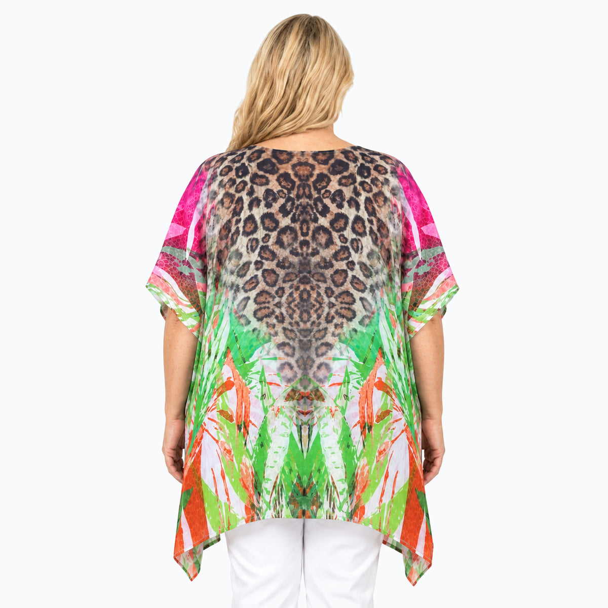 Woman wearing the Claire Powell Savannah Plus Size Kaftan Top, back view