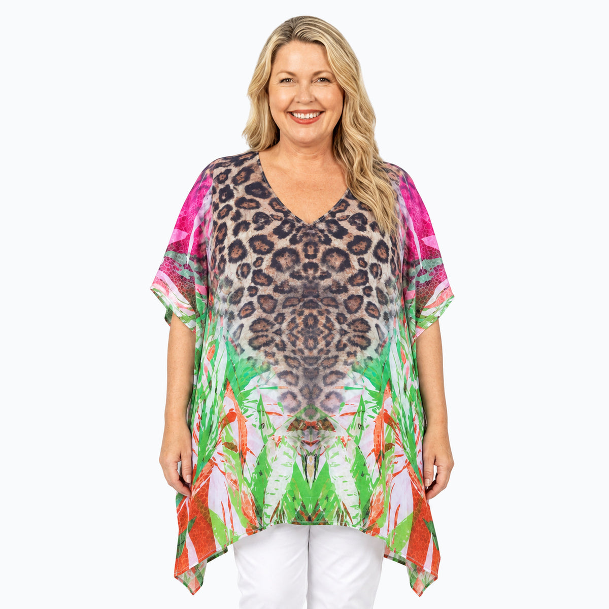 Woman wearing the Claire Powell Savannah Plus Size Kaftan Top, front view
