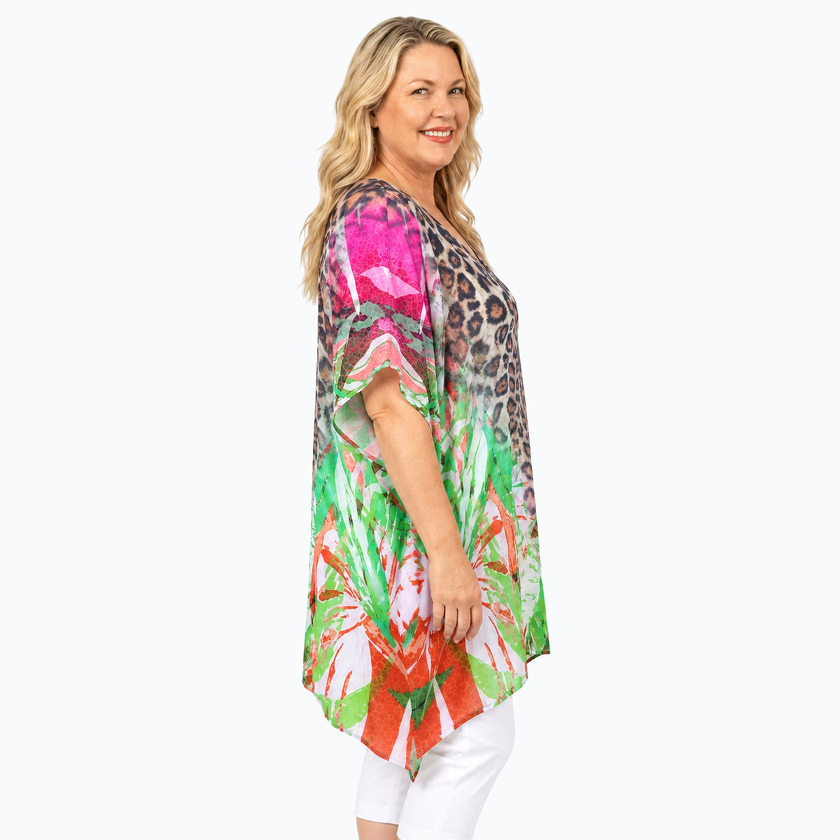 Woman wearing the Claire Powell Savannah Plus Size Kaftan Top, side view