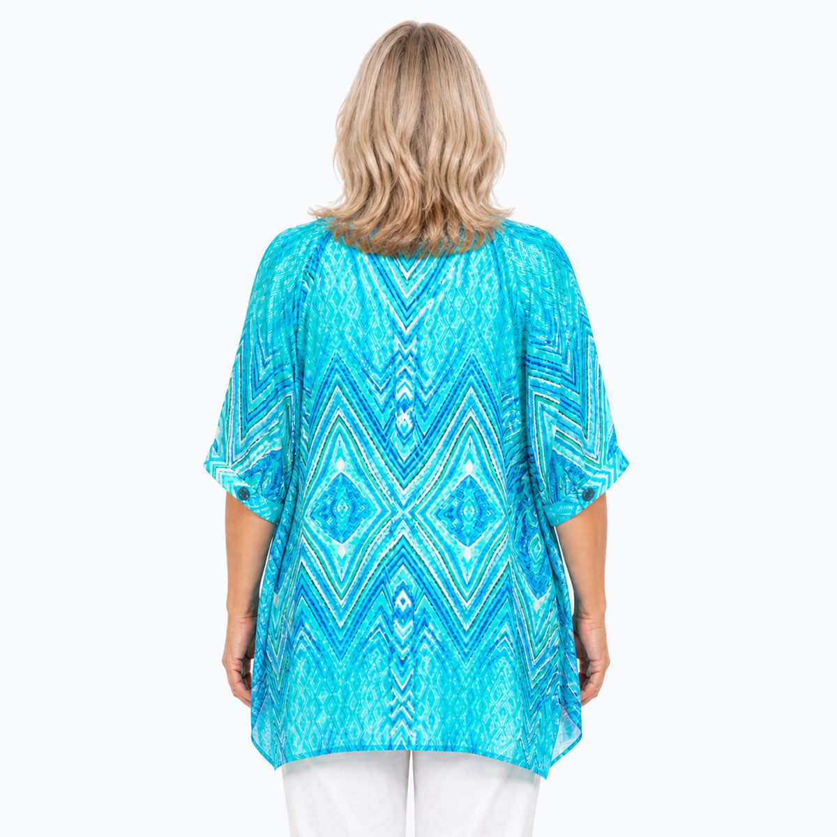 Woman wearing the Claire Powell Serenity A-Line Tunic Shirt, back view