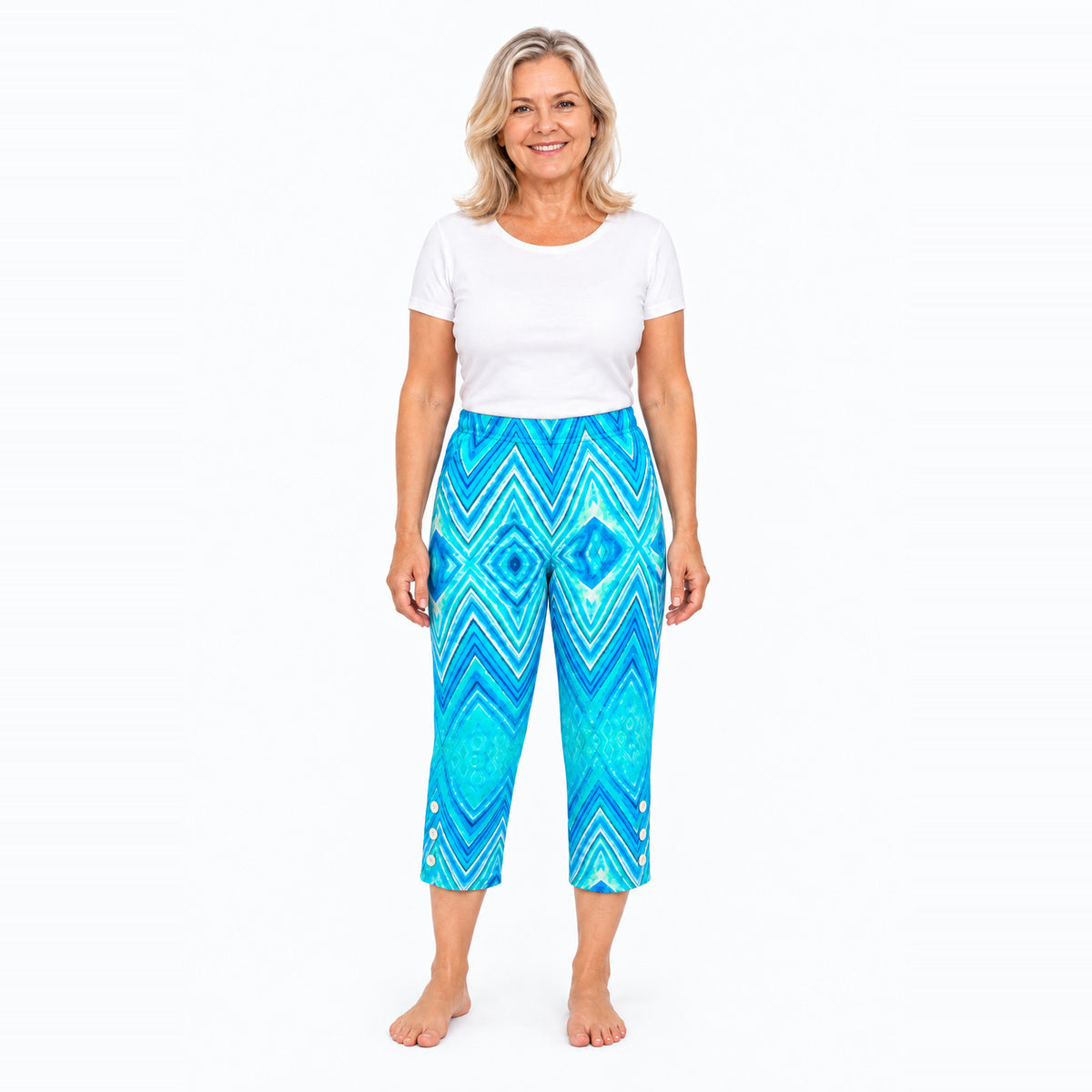Woman wearing Claire Powell Serenity capri pants, front view