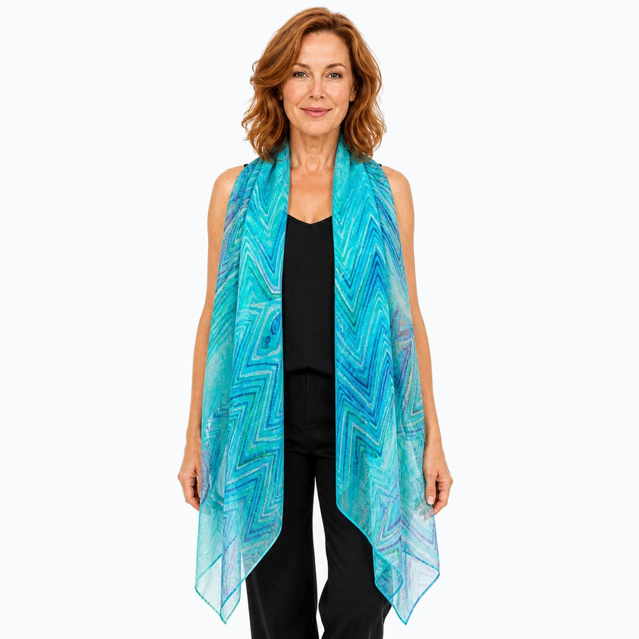 Woman wearing the Claire Powell Serenity Silk Scarf, front view