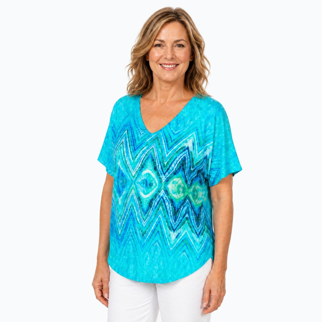 Woman wearing the Claire Powell Serenity V-Neck T-Shirt, three-quarter view
