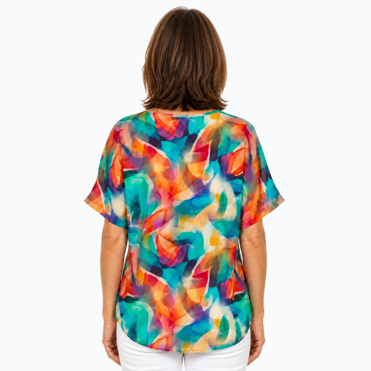 Woman wearing the Claire Powell Shine V-Neck T-Shirt, back view