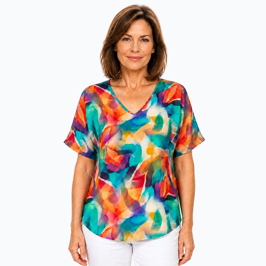 Woman wearing the Claire Powell Shine V-Neck T-Shirt, front view