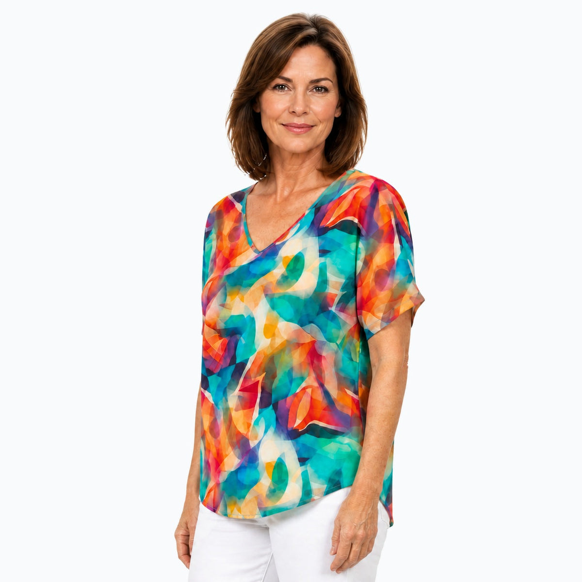 Woman wearing the Claire Powell Shine V-Neck T-Shirt, three-quarter view