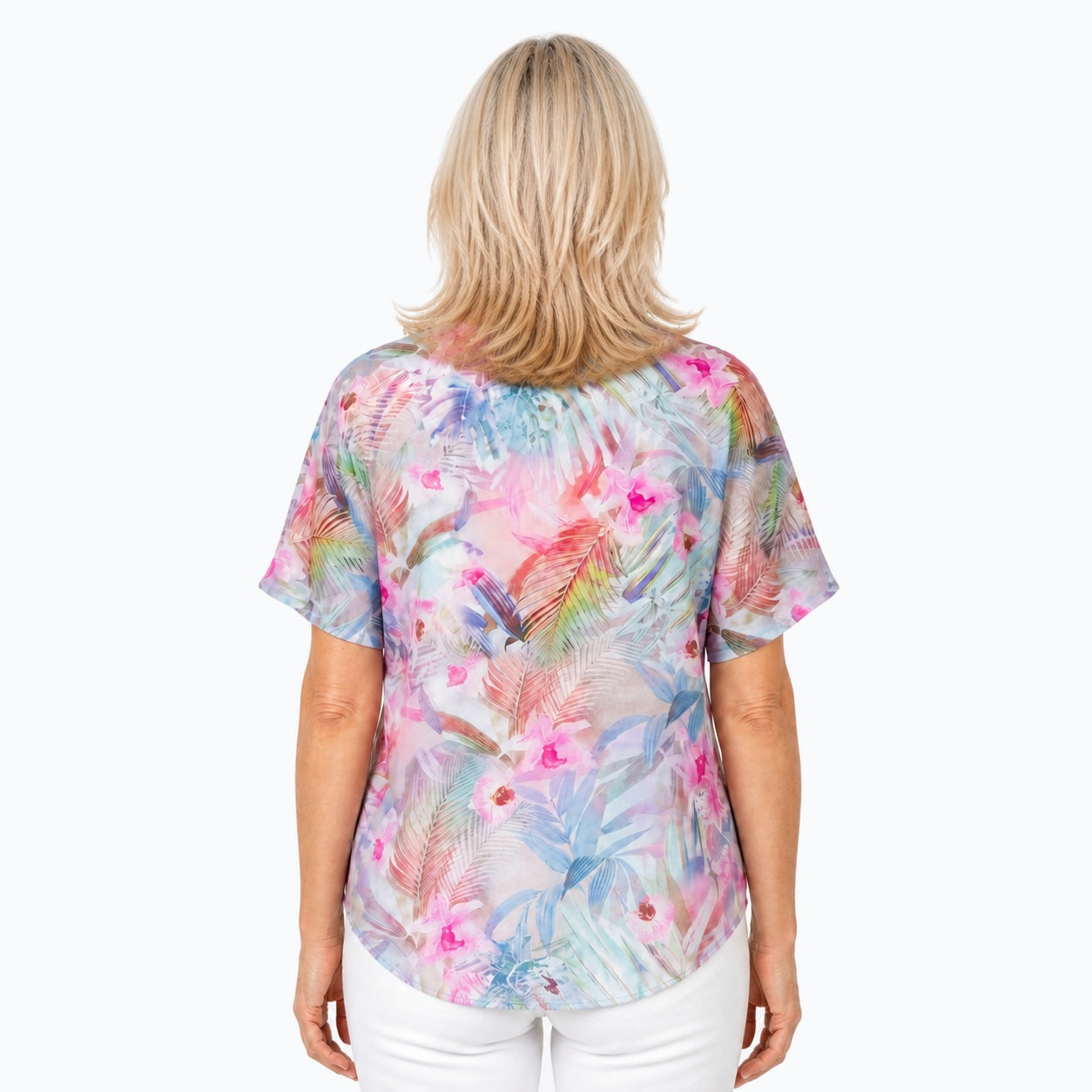 Woman wearing the Claire Powell Singapore V-Neck T-Shirt, back view