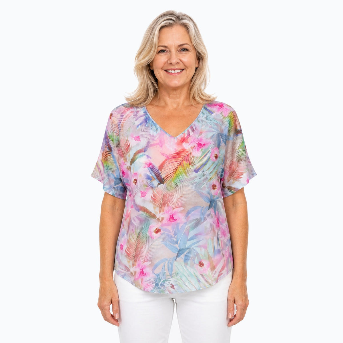 Woman wearing the Claire Powell Singapore V-Neck T-Shirt, front view