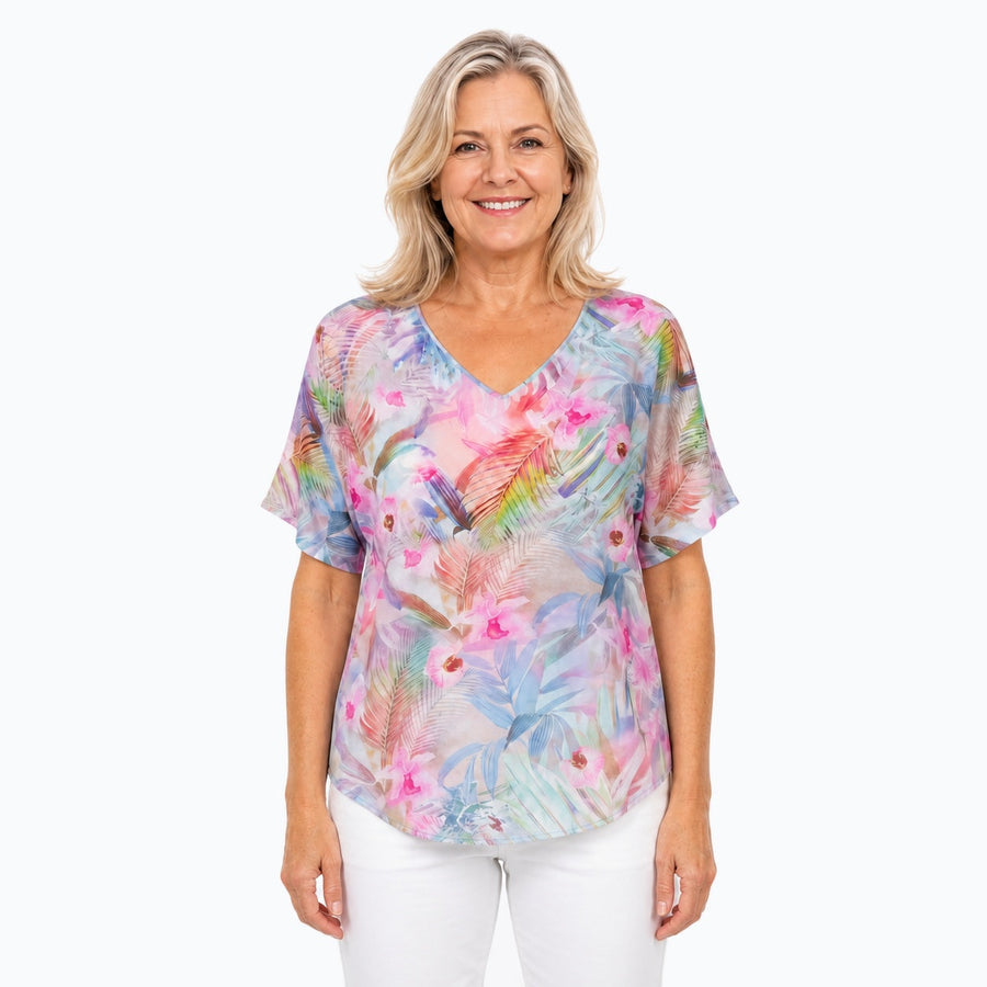 Woman wearing the Claire Powell Singapore V-Neck T-Shirt, front view