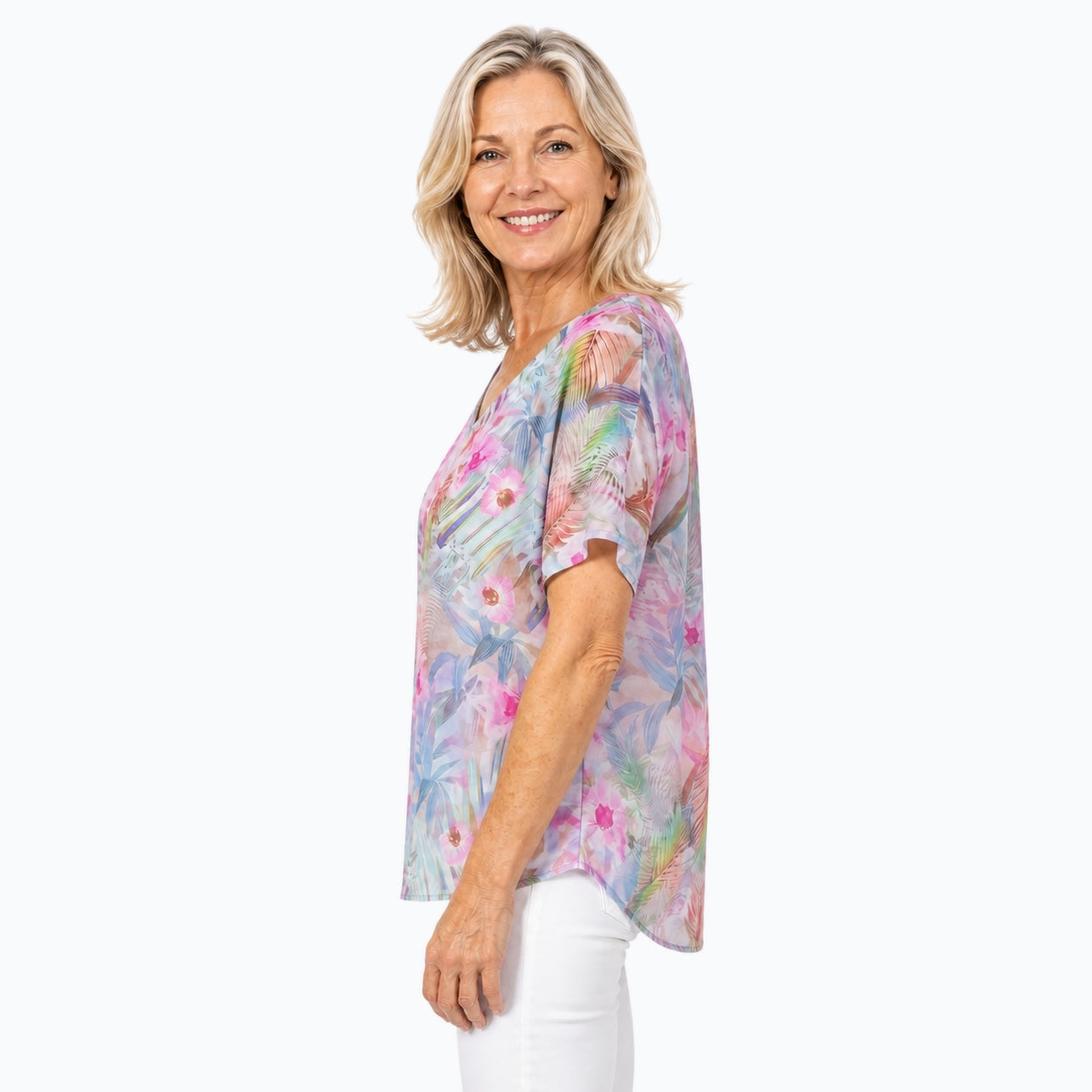 Woman wearing the Claire Powell Singapore V-Neck T-Shirt, side view
