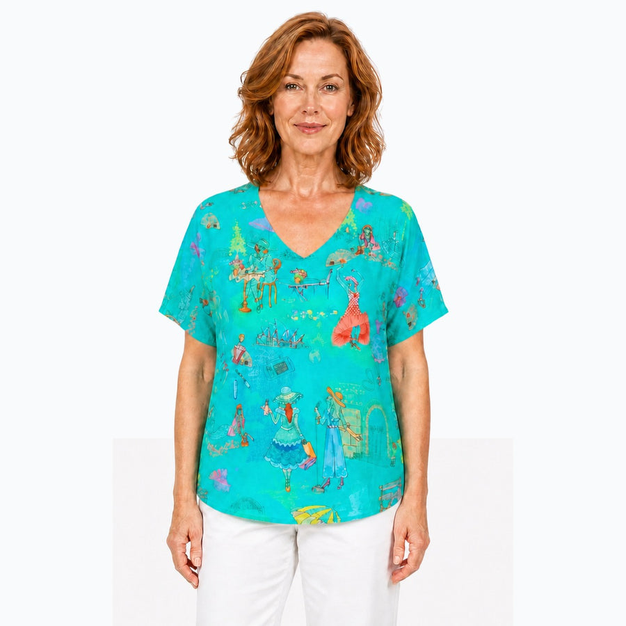 Woman wearing the Claire Powell Sirens V-Neck T-Shirt, front view