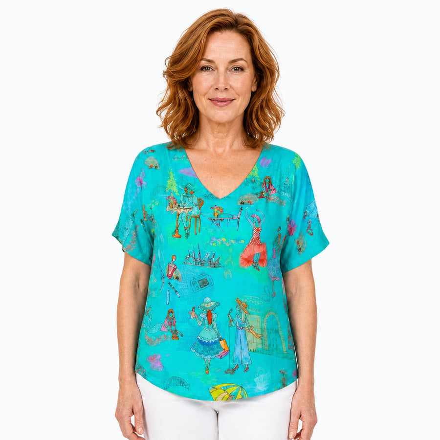 Woman wearing the Claire Powell Sirens V-Neck T-Shirt, front view