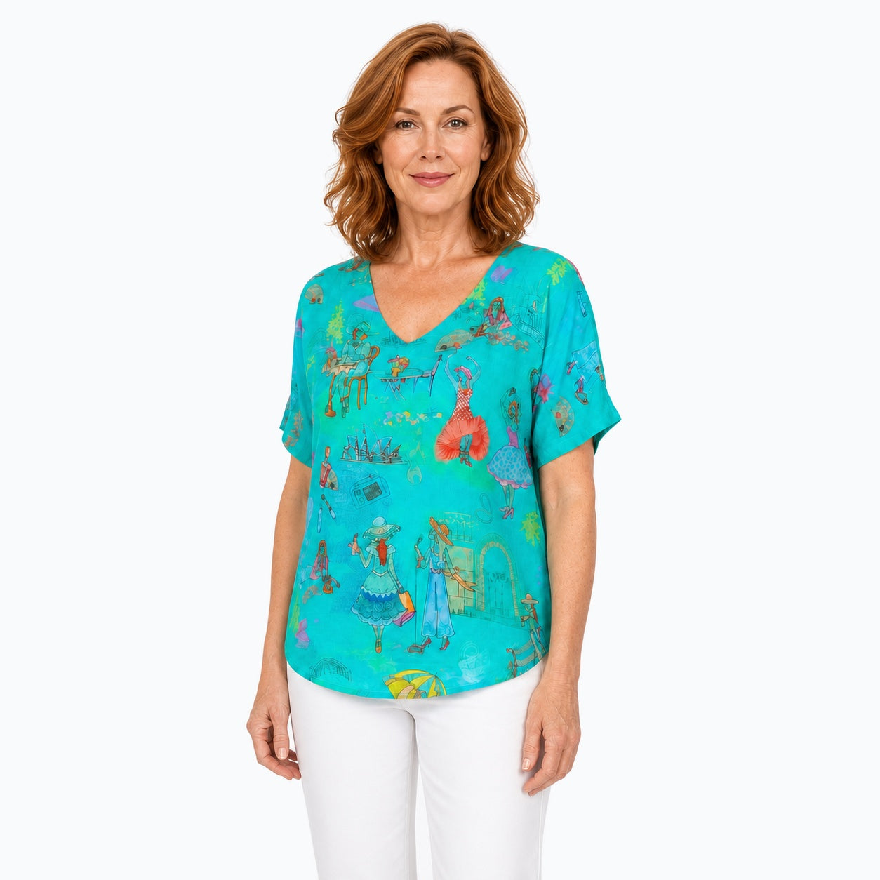 Woman wearing the Claire Powell Sirens V-Neck T-Shirt, three-quarter view