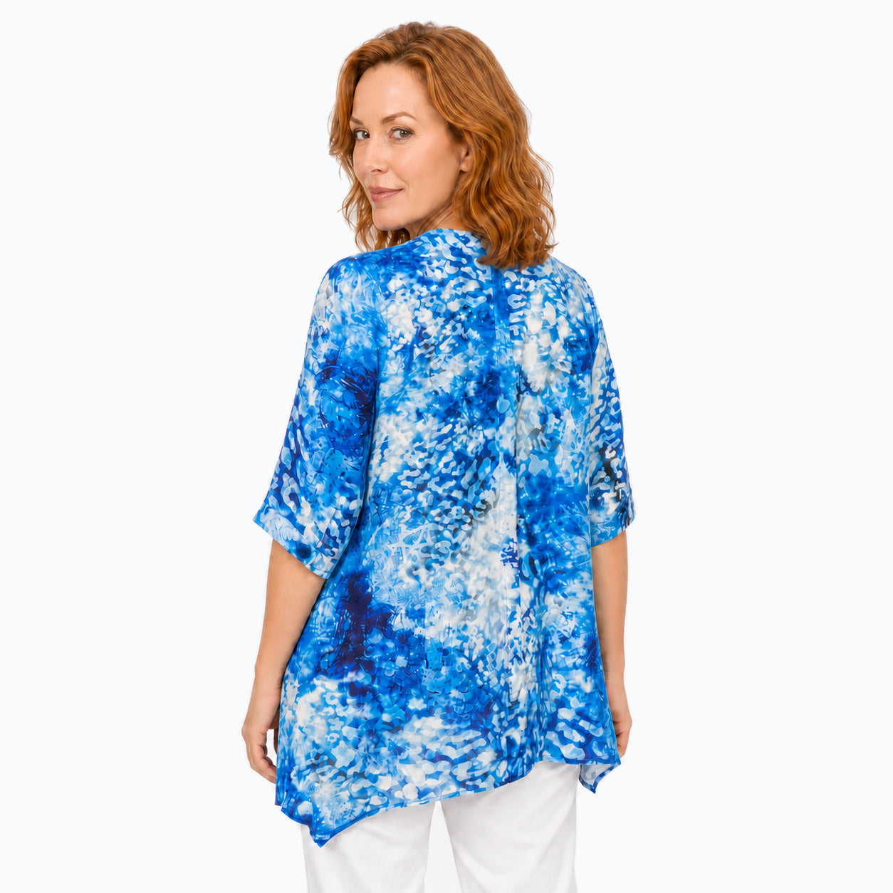 Woman wearing the Claire Powell Snowcat A-Line Tunic Shirt, back view