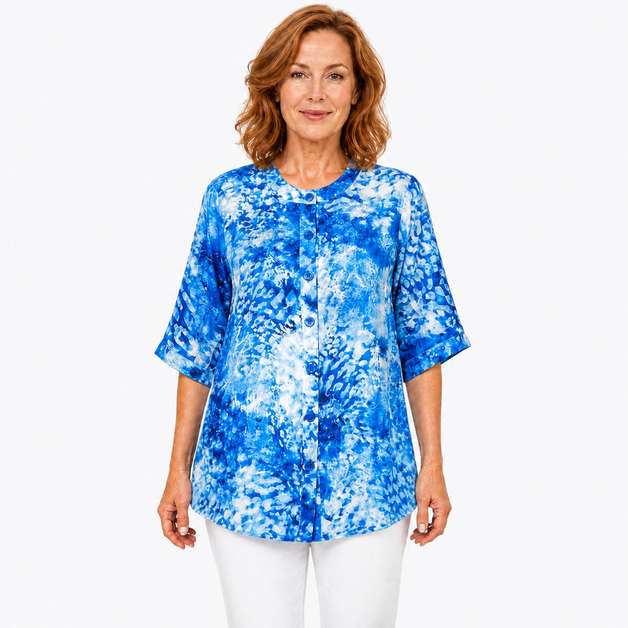 Claire Powell Snowcat A-line tunic blouse on a mature woman, front view