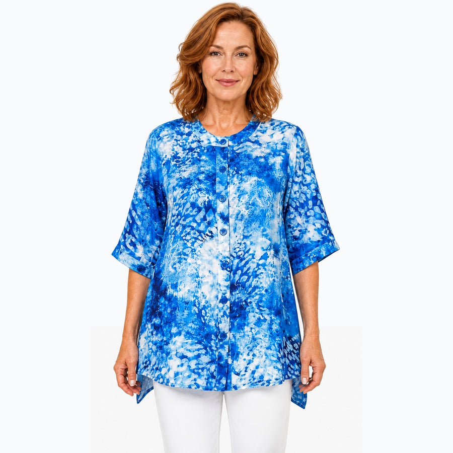 Claire Powell Snowcat A-line tunic blouse on a mature woman, front view