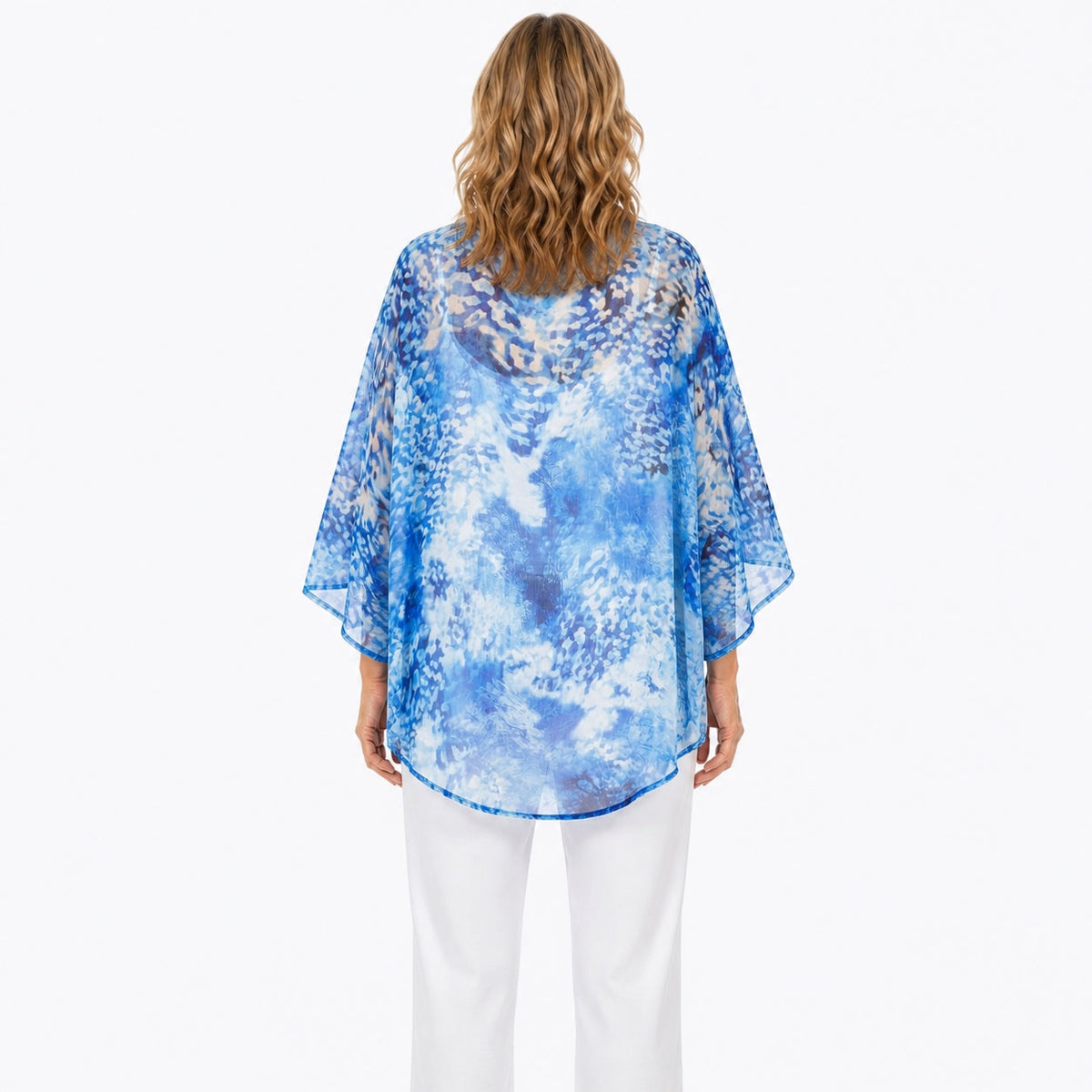 Woman wearing the Claire Powell Snowcat Cotton Chiffon Kimono Cover-Up, back view