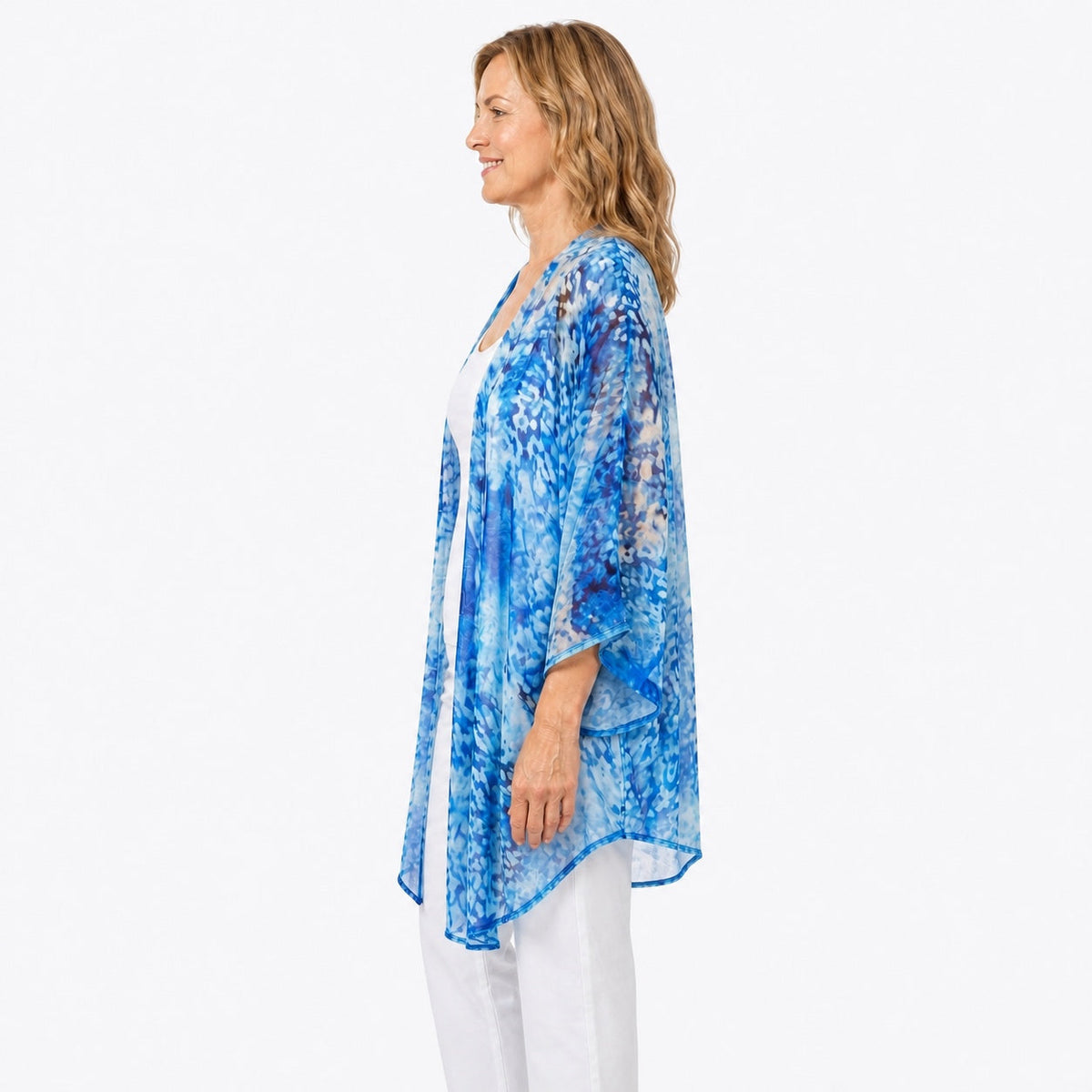 Woman wearing the Claire Powell Snowcat Cotton Chiffon Kimono Cover-Up, side view