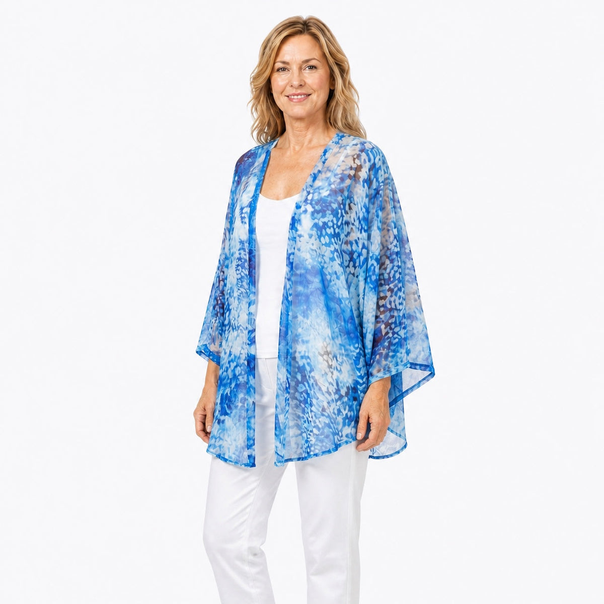 Woman wearing the Claire Powell Snowcat Cotton Chiffon Kimono Cover-Up, three-quarter view
