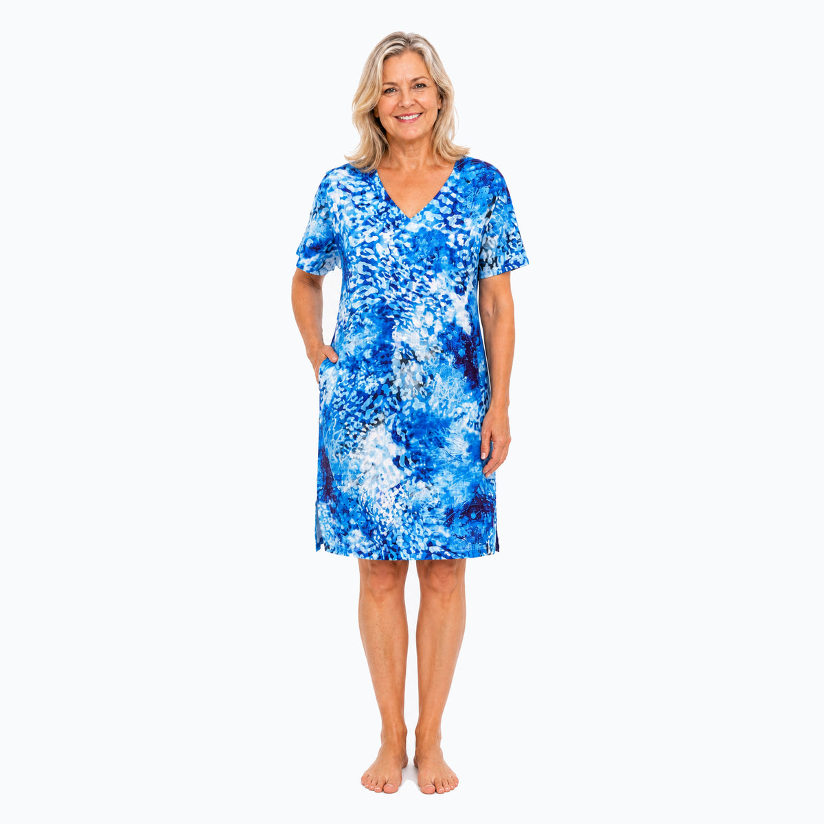 Woman wearing the Claire Powell Snowcat Shift Dress, front view