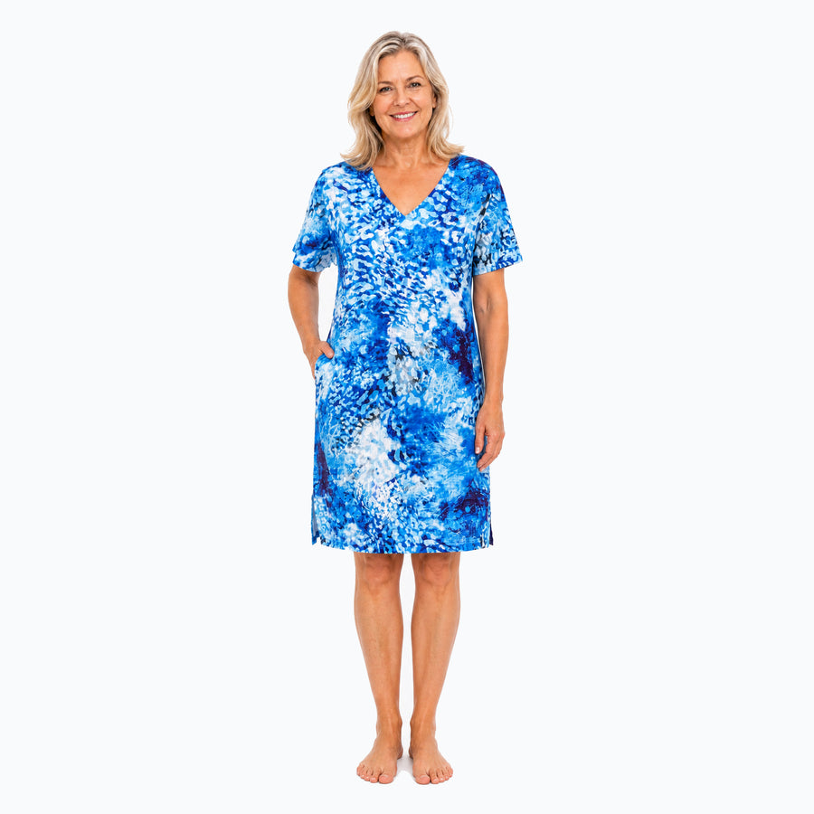 Woman wearing the Claire Powell Snowcat Shift Dress, front view