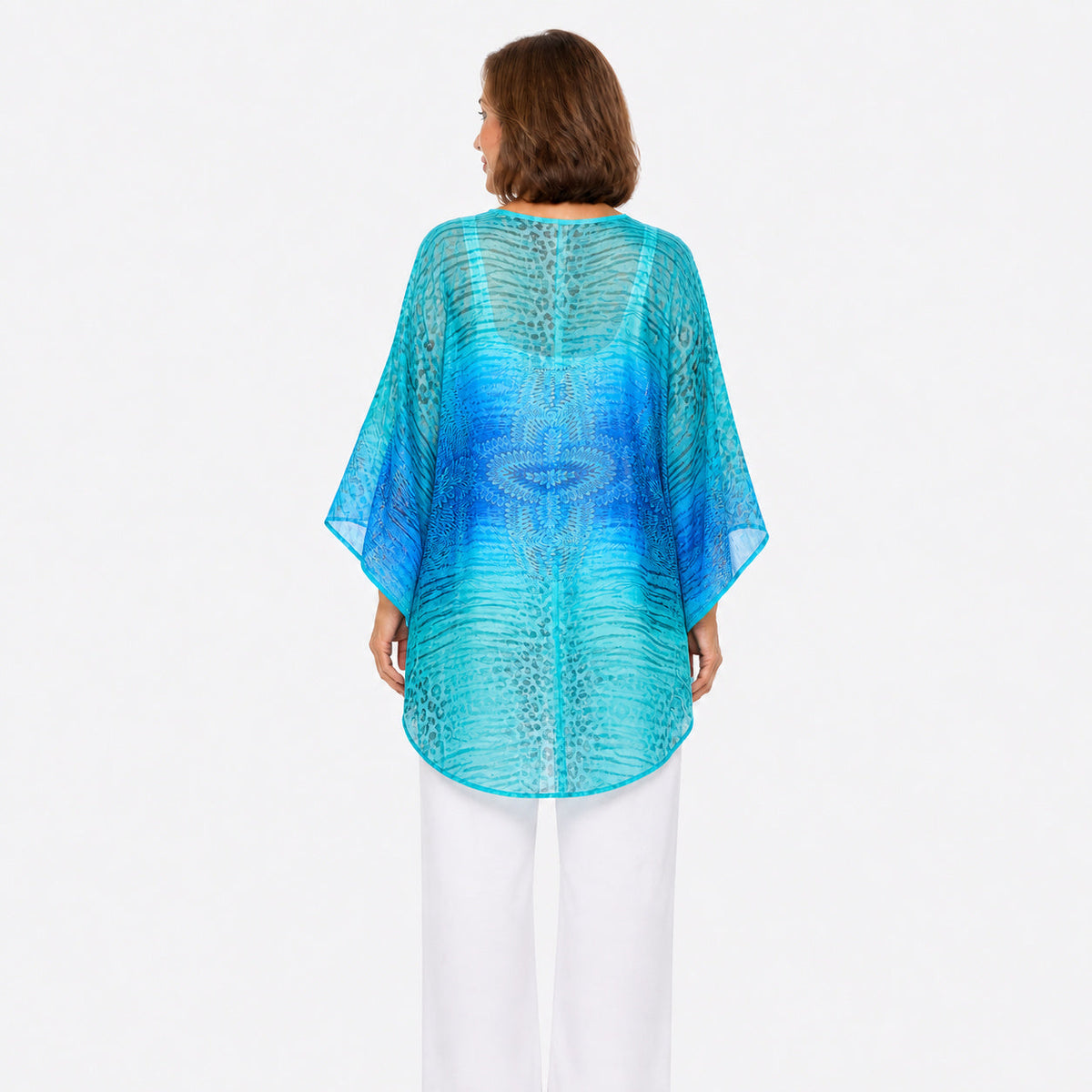 Woman wearing the Claire Powell Spray Cotton Chiffon Kimono Cover-Up, back view