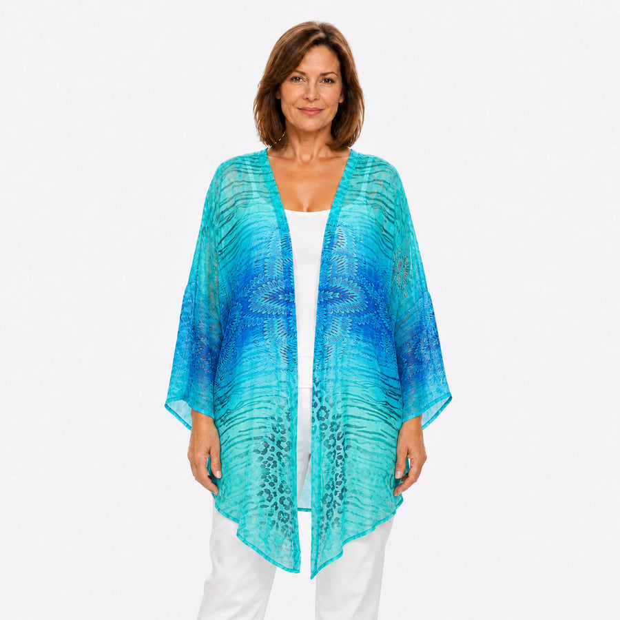Woman wearing the Claire Powell Spray Cotton Chiffon Kimono Cover-Up, front view