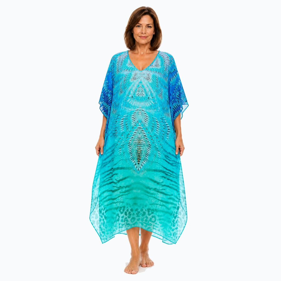 Claire Powell Spray midi kaftan dress on a mature woman, front view