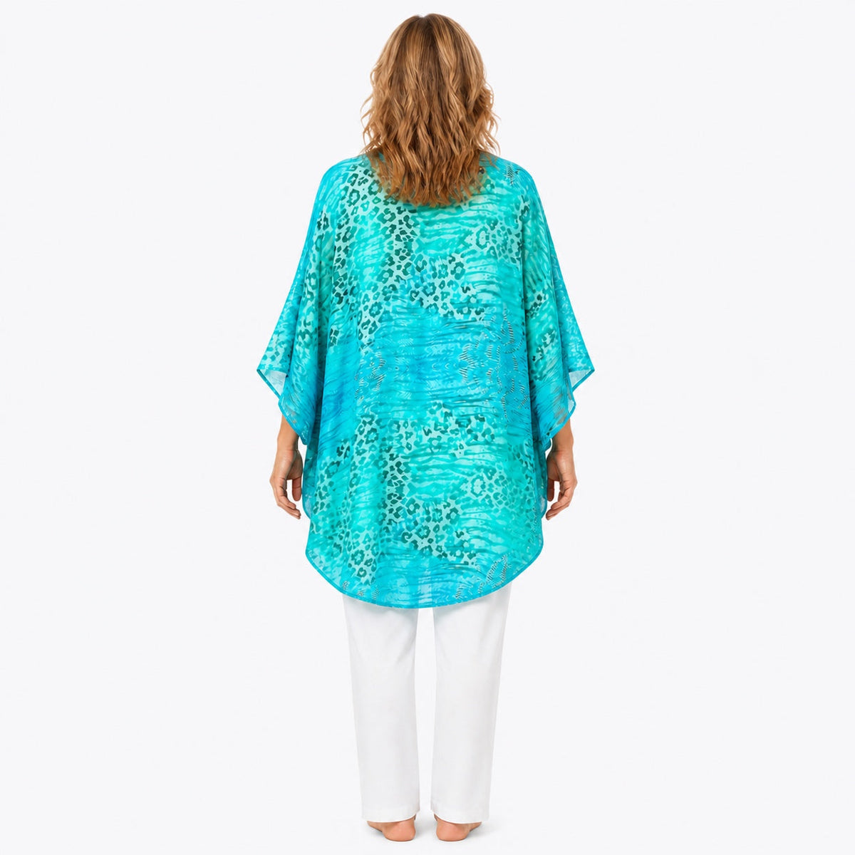 Woman wearing the Claire Powell Spray Modal Kimono Cover-Up, back view