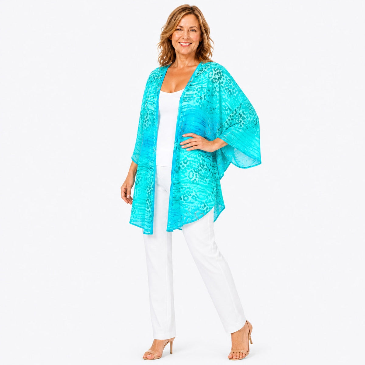 Woman wearing the Claire Powell Spray Modal Kimono Cover-Up, fashion pose