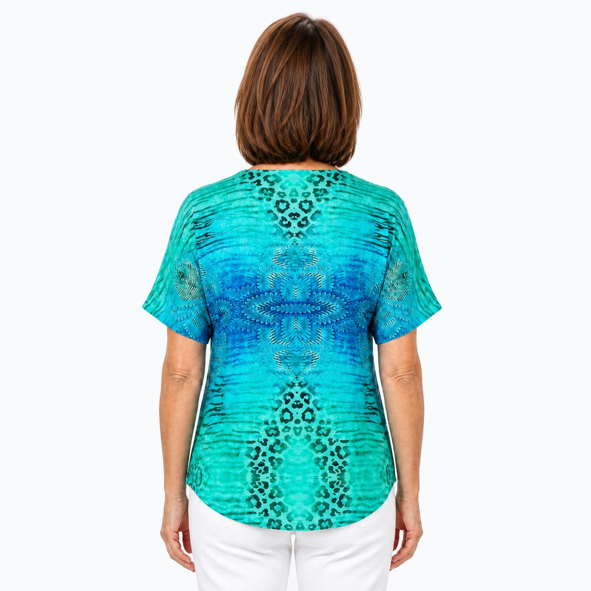 Woman wearing the Claire Powell Spray V-Neck T-Shirt, back view