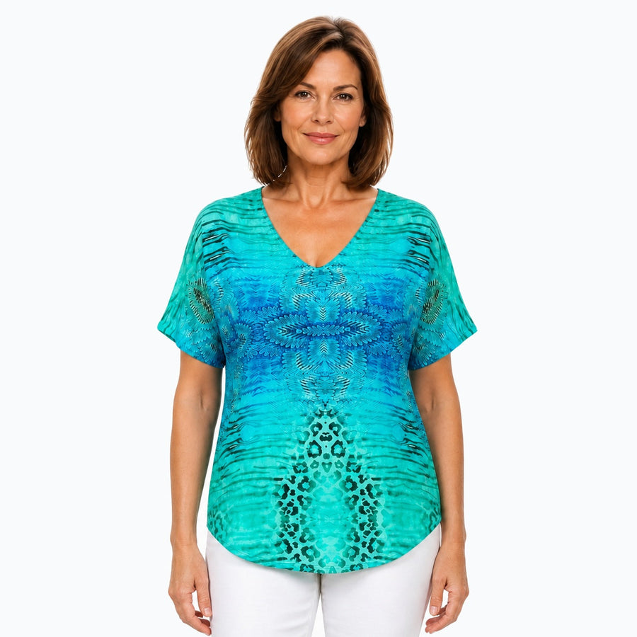 Woman wearing the Claire Powell Spray V-Neck T-Shirt, front view
