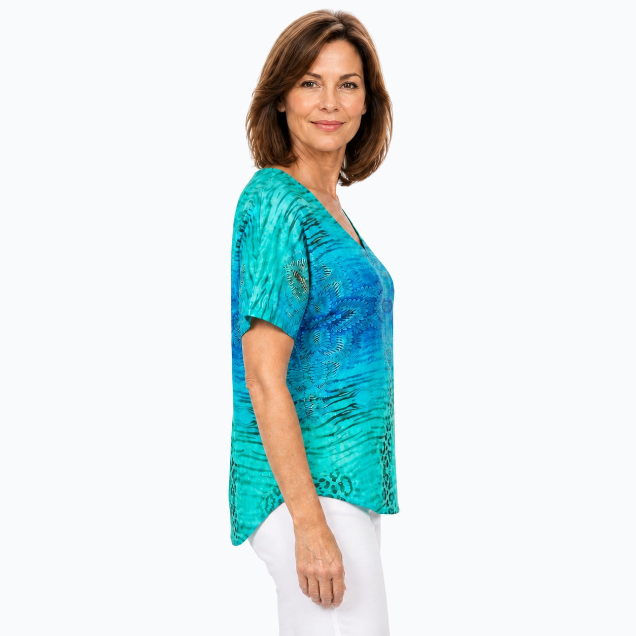 Woman wearing the Claire Powell Spray V-Neck T-Shirt, side view