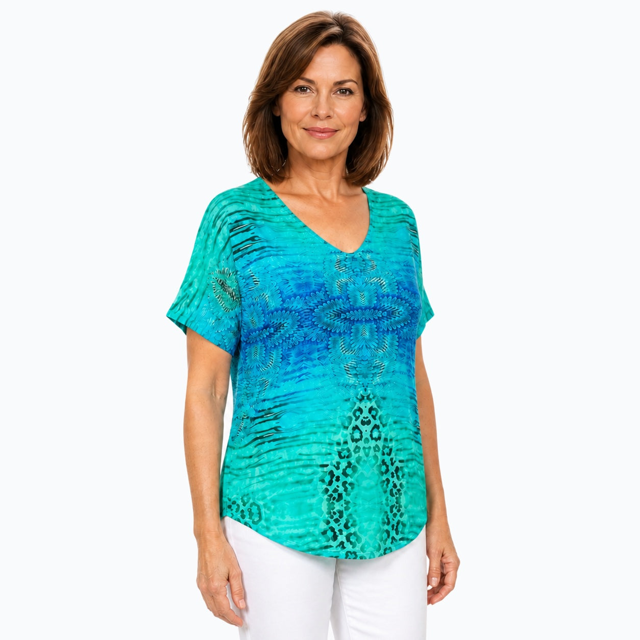 Woman wearing the Claire Powell Spray V-Neck T-Shirt, three-quarter view